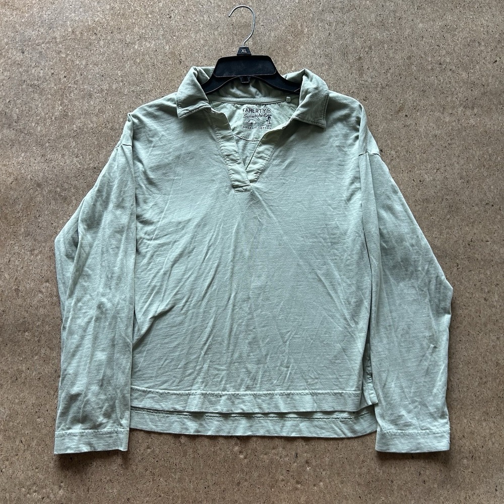 Faherty Sunwashed Organic Cotton Long Sleeve V-Neck Slub Pullover Shirt Mens M